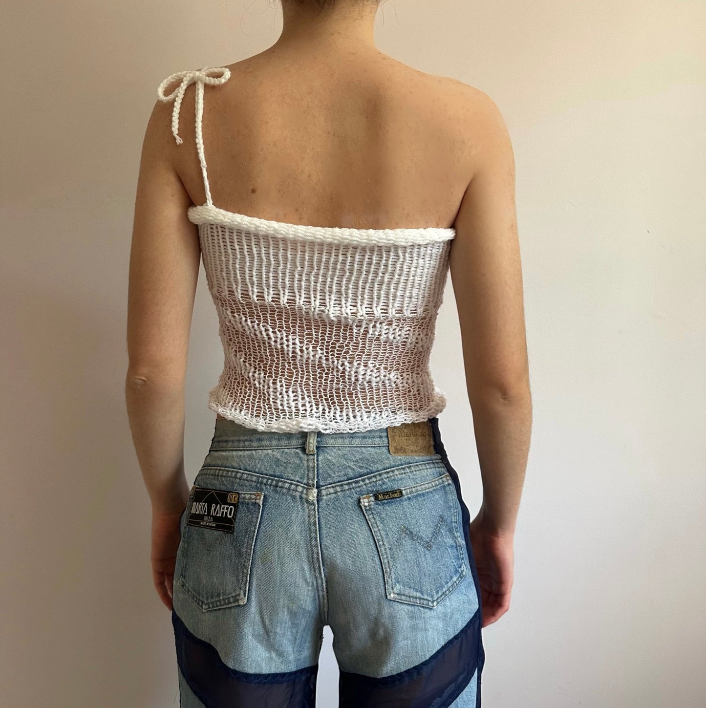 Handmade white lace knitted  asymmetrical top with bow strap