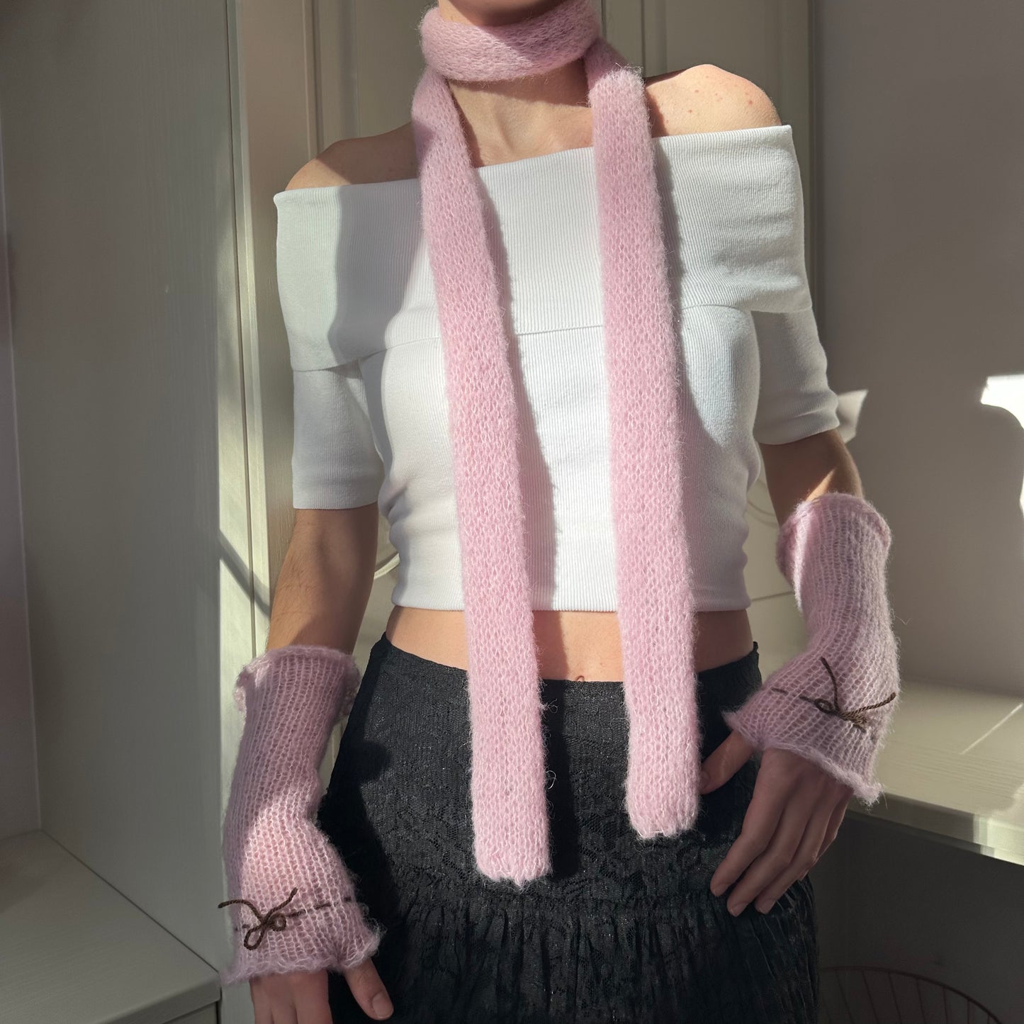 Handmade knitted mohair skinny scarf in baby pink