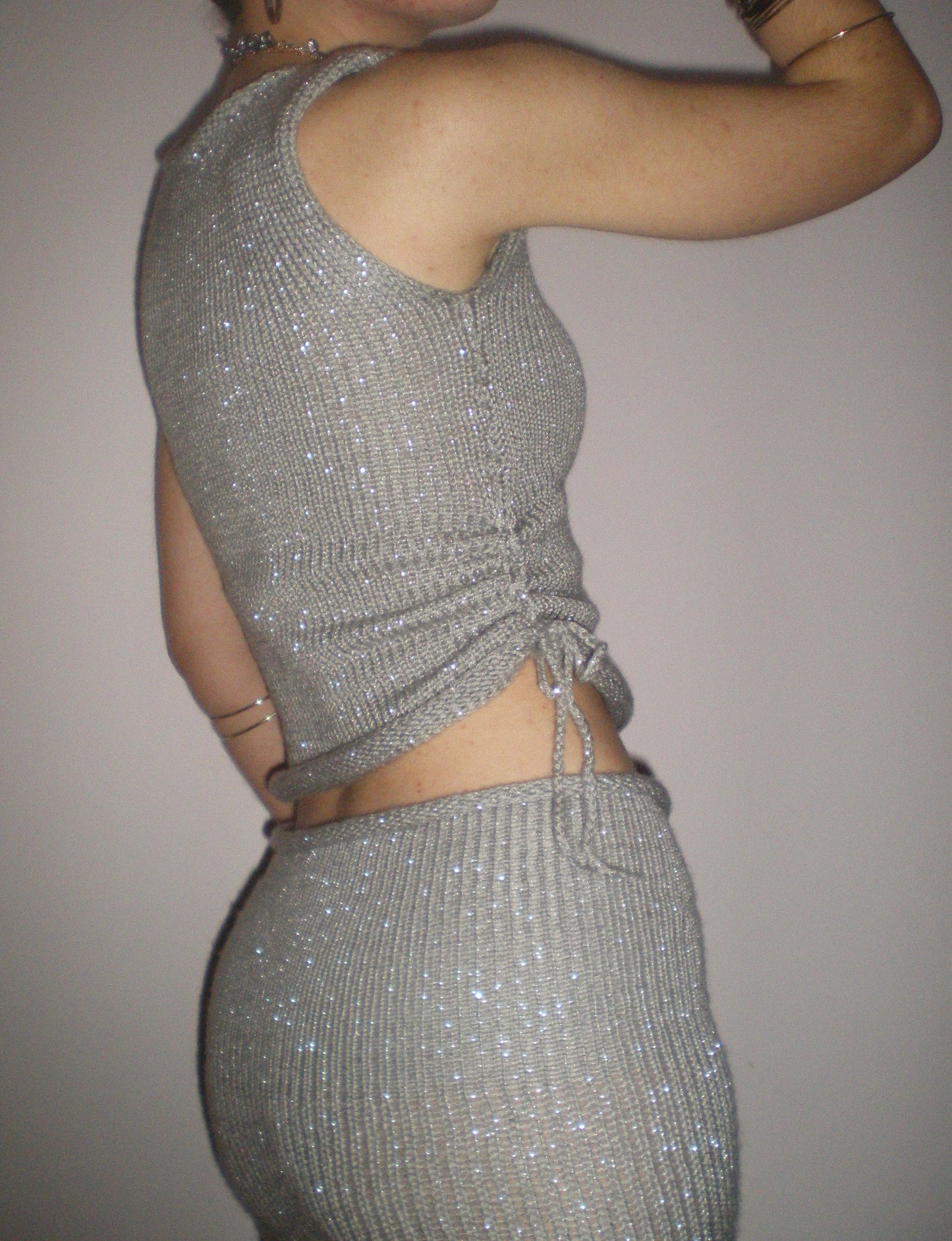 The Chainmail Set - handmade silver metallic ruched vest & matching maxi skirt