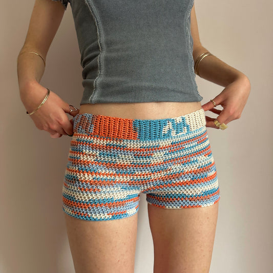 Handmade orange, white and blue striped crochet shorts