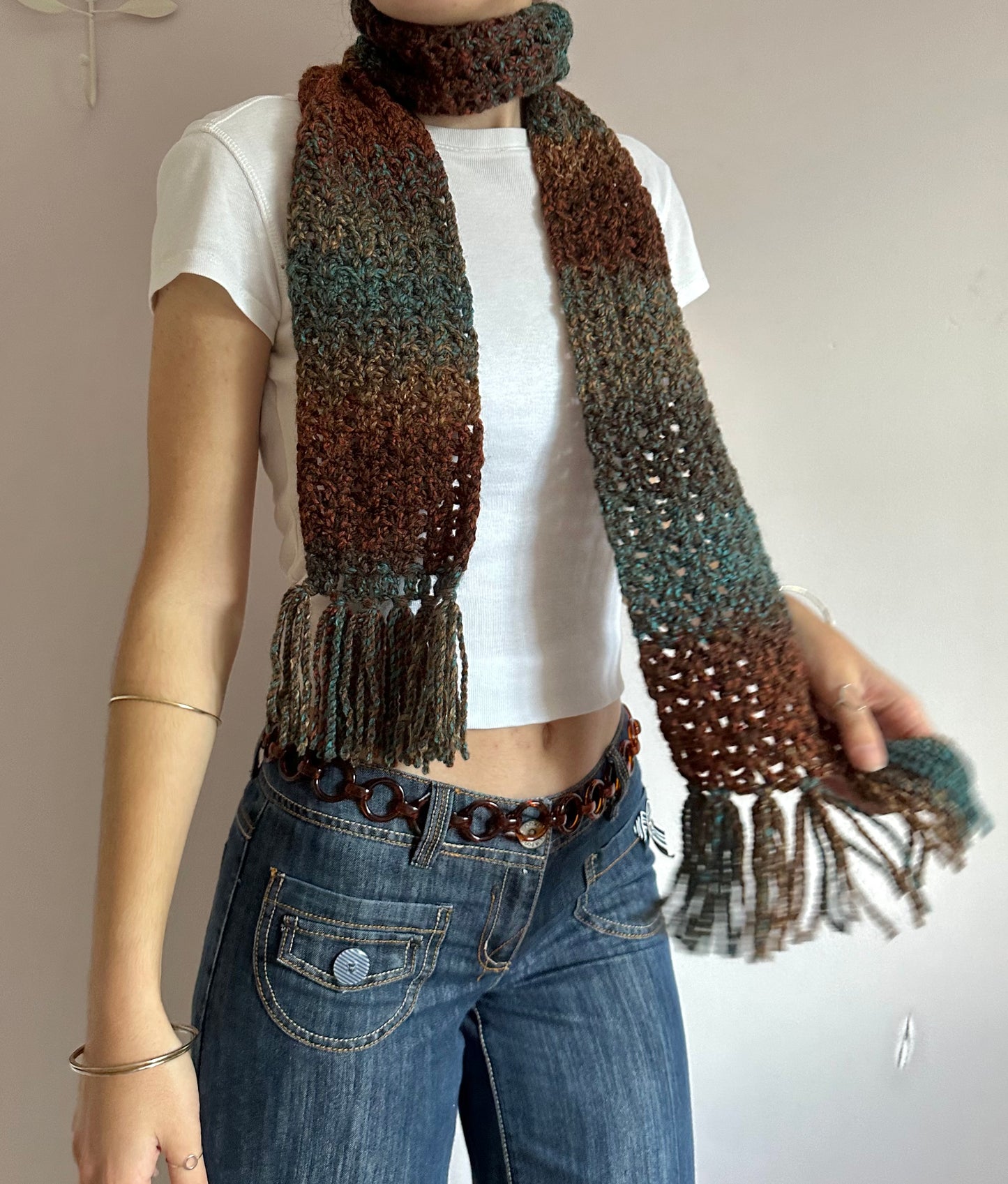 Handmade ombré blue and brown tassel crochet scarf