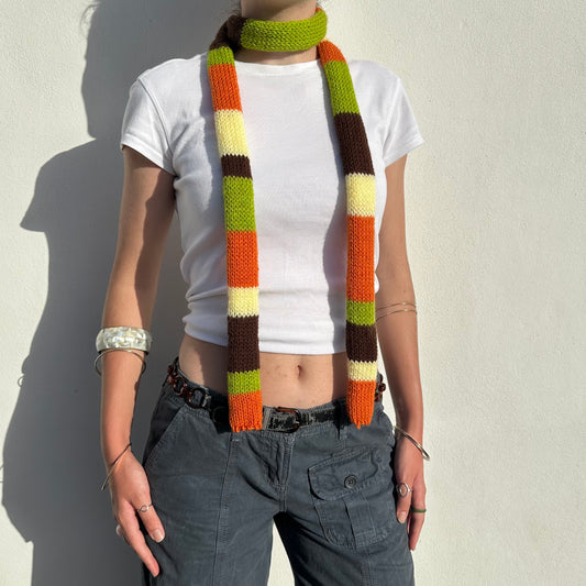 Handmade knitted stripy skinny scarf in orange, brown green and yellow