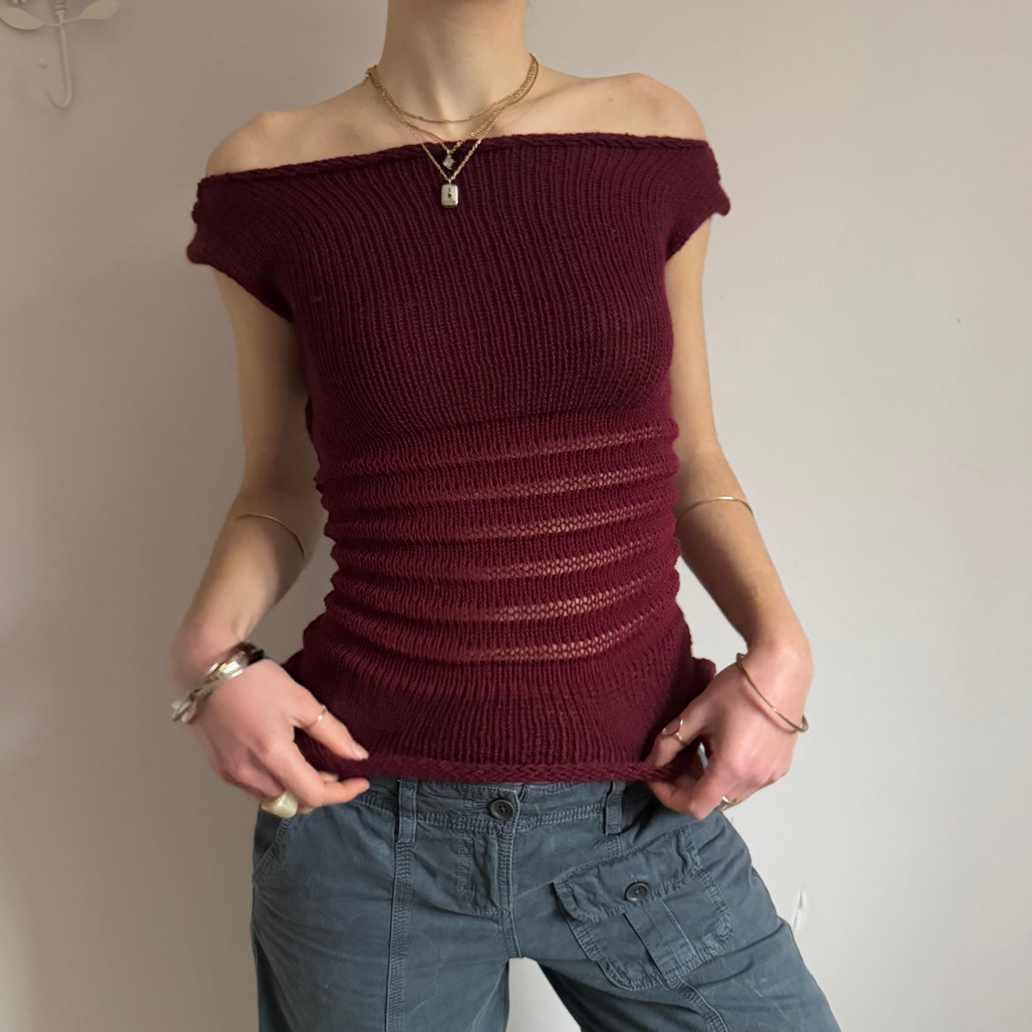 Handmade burgundy shirred knitted vest