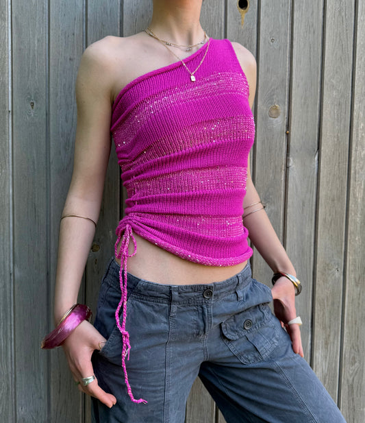 Handmade sparkly draped one shoulder knit top in hot pink