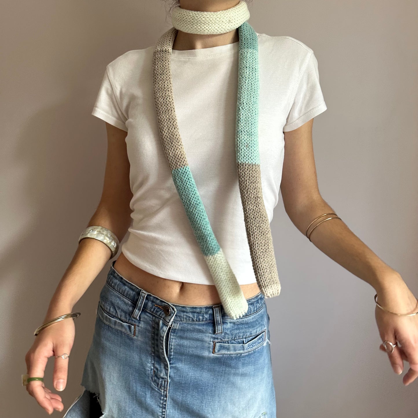Handmade knitted colour block skinny scarf in baby blue, cream and beige