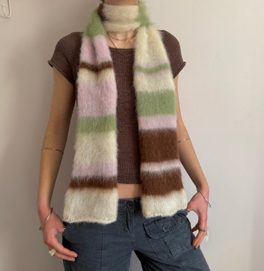 Handmade cream, light green, brown and baby pink fluffy striped scarf