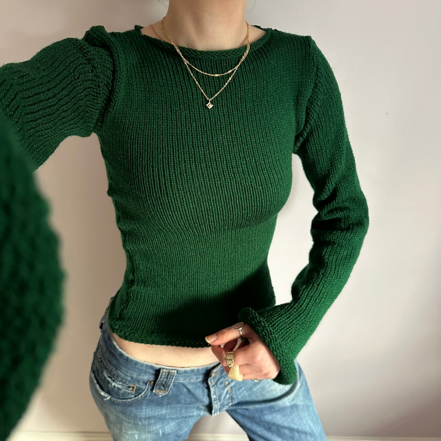 Handmade bottle green bell sleeve knitted jumper