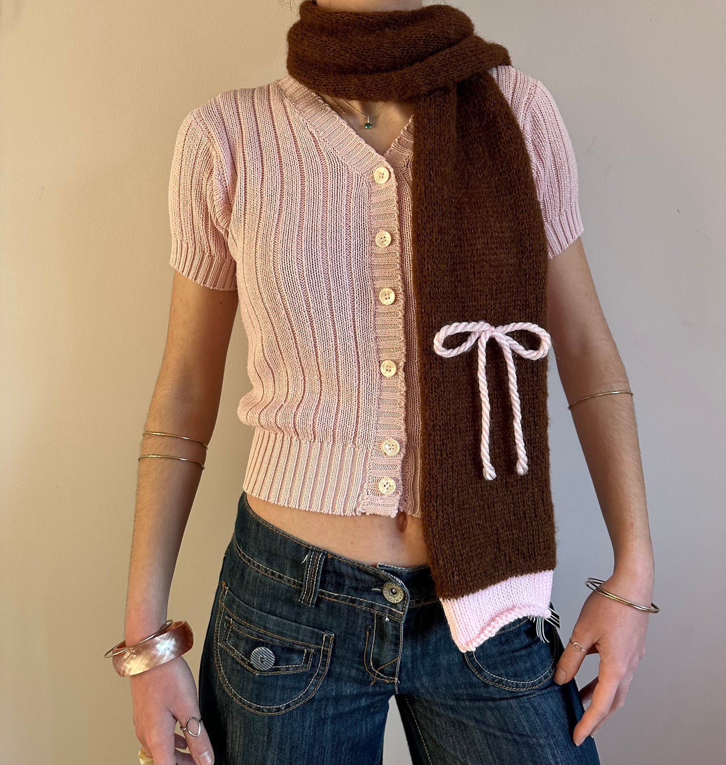 Handmade knitted brown and baby pink mohair bow scarf