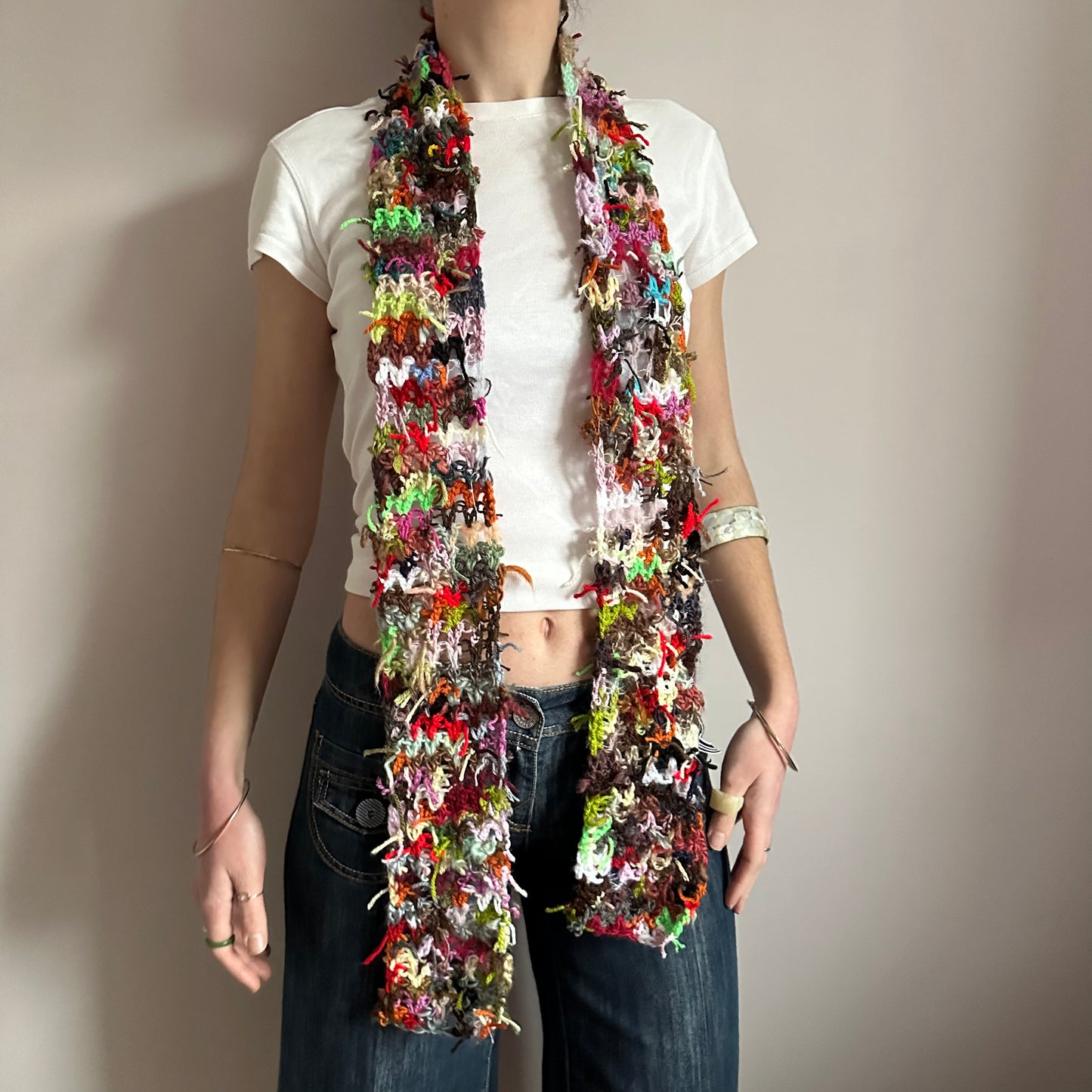 Scrappy skinny scarf #1 - handmade from leftover yarn scraps