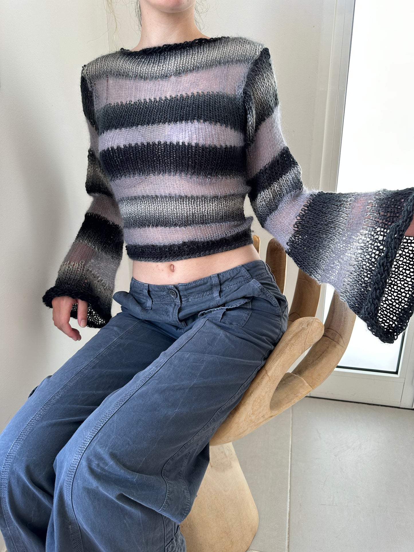 Handmade striped black and grey knitted mohair jumper with flared sleeves