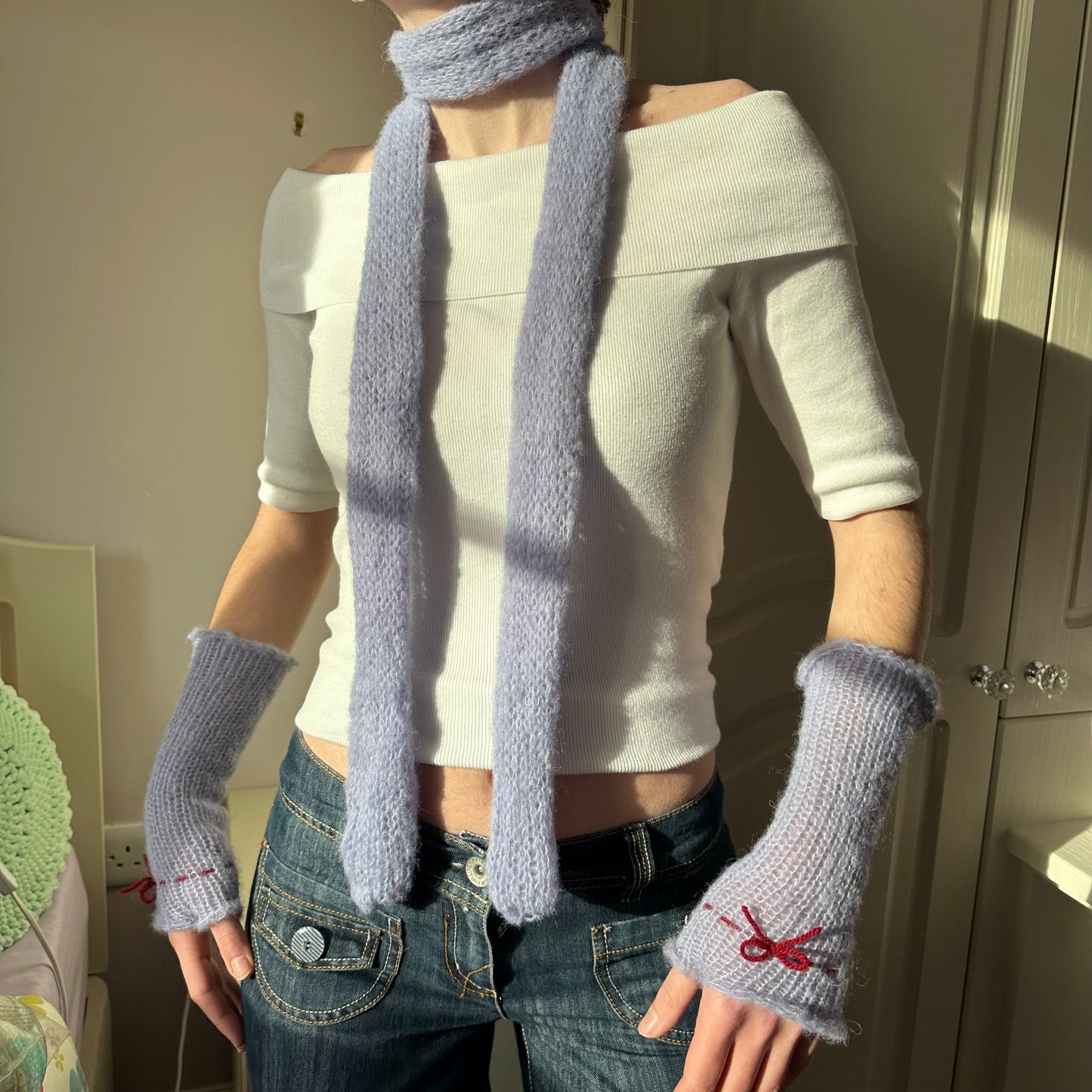 Handmade knitted mohair skinny scarf in baby blue