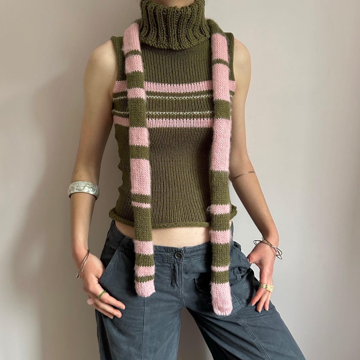 Handmade knitted stripy skinny scarf in dusky pink and khaki green