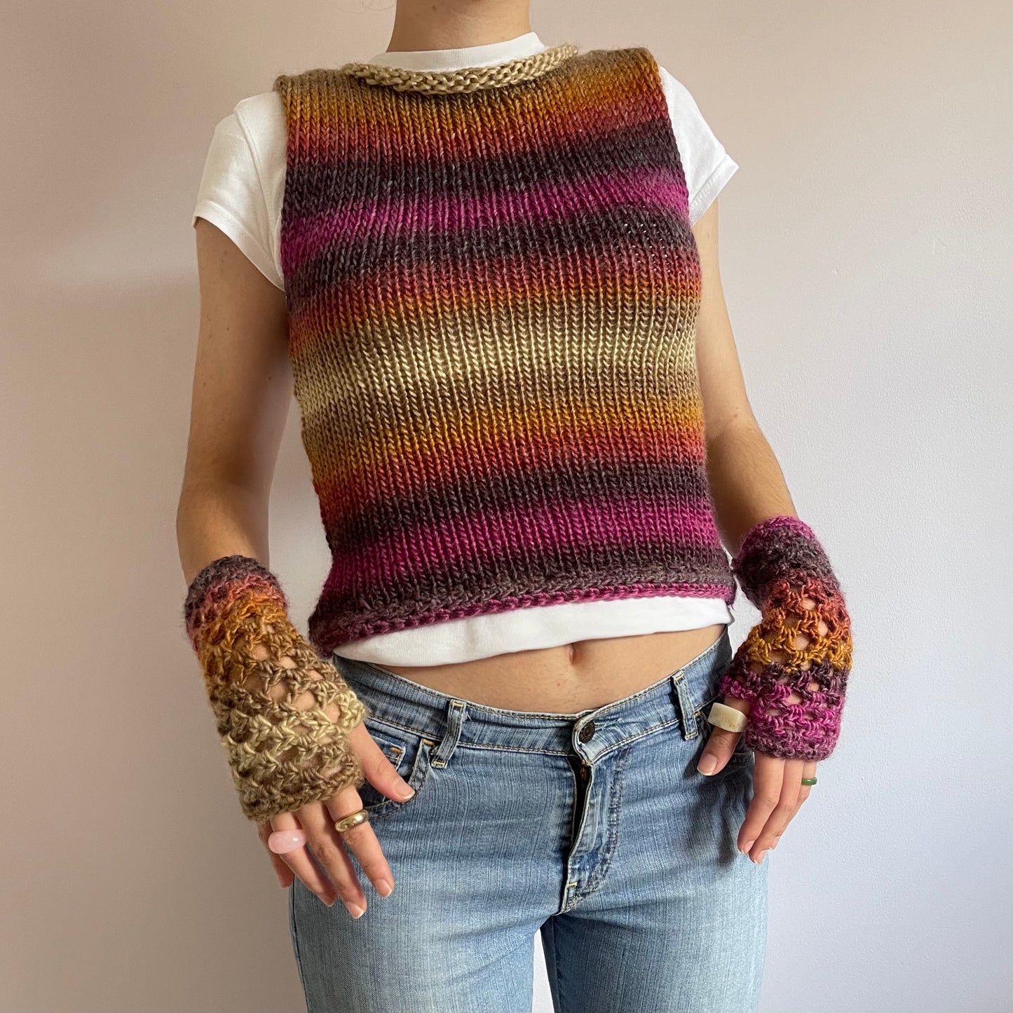 SET - Handmade sweater vest and matching gloves in Sunset Shades