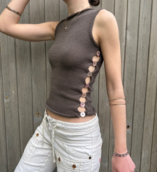 The Pearl Vest in mocha - handmade knitted vest with pink mother of pearl buttons