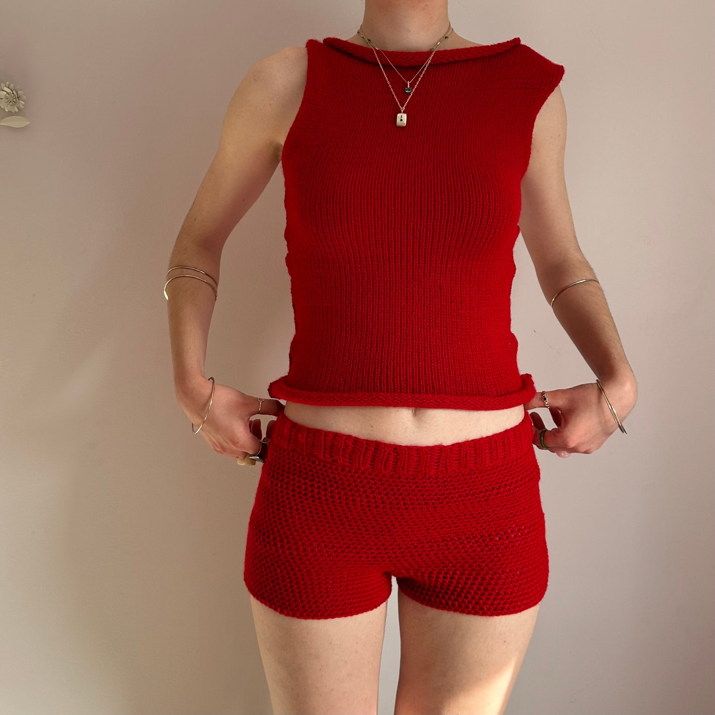 The Red Set - matching crochet shorts and asymmetrical knit vest