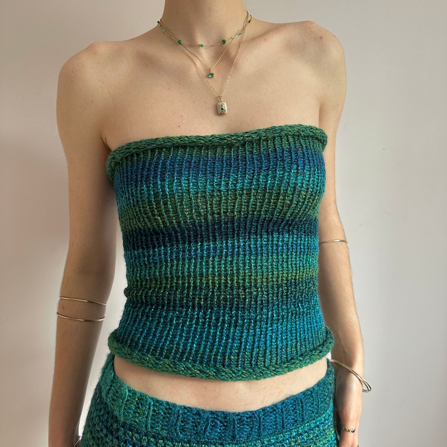 Matching set: green and blue striped crochet shorts and knit bandeau top