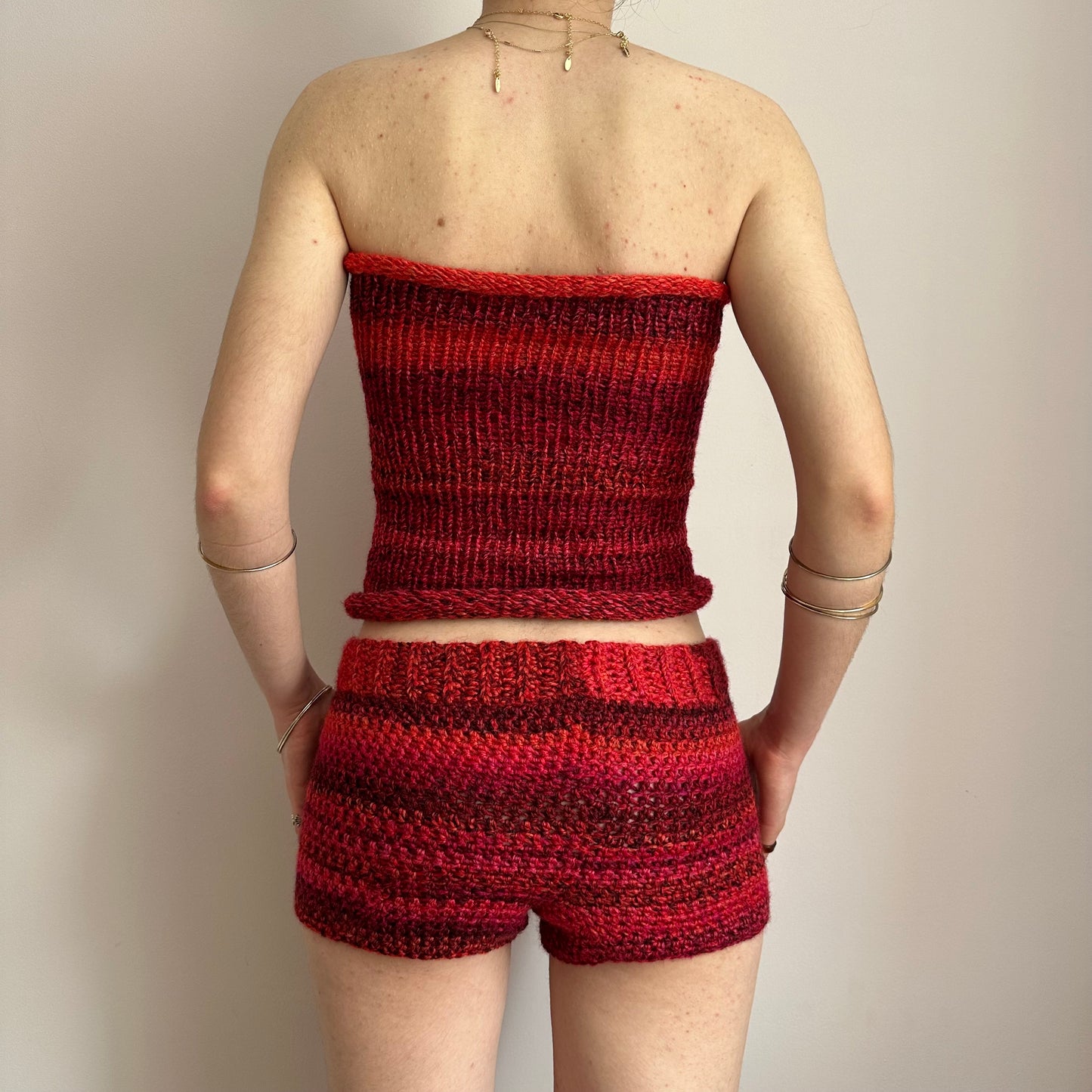 Handmade red ombré striped crochet shorts