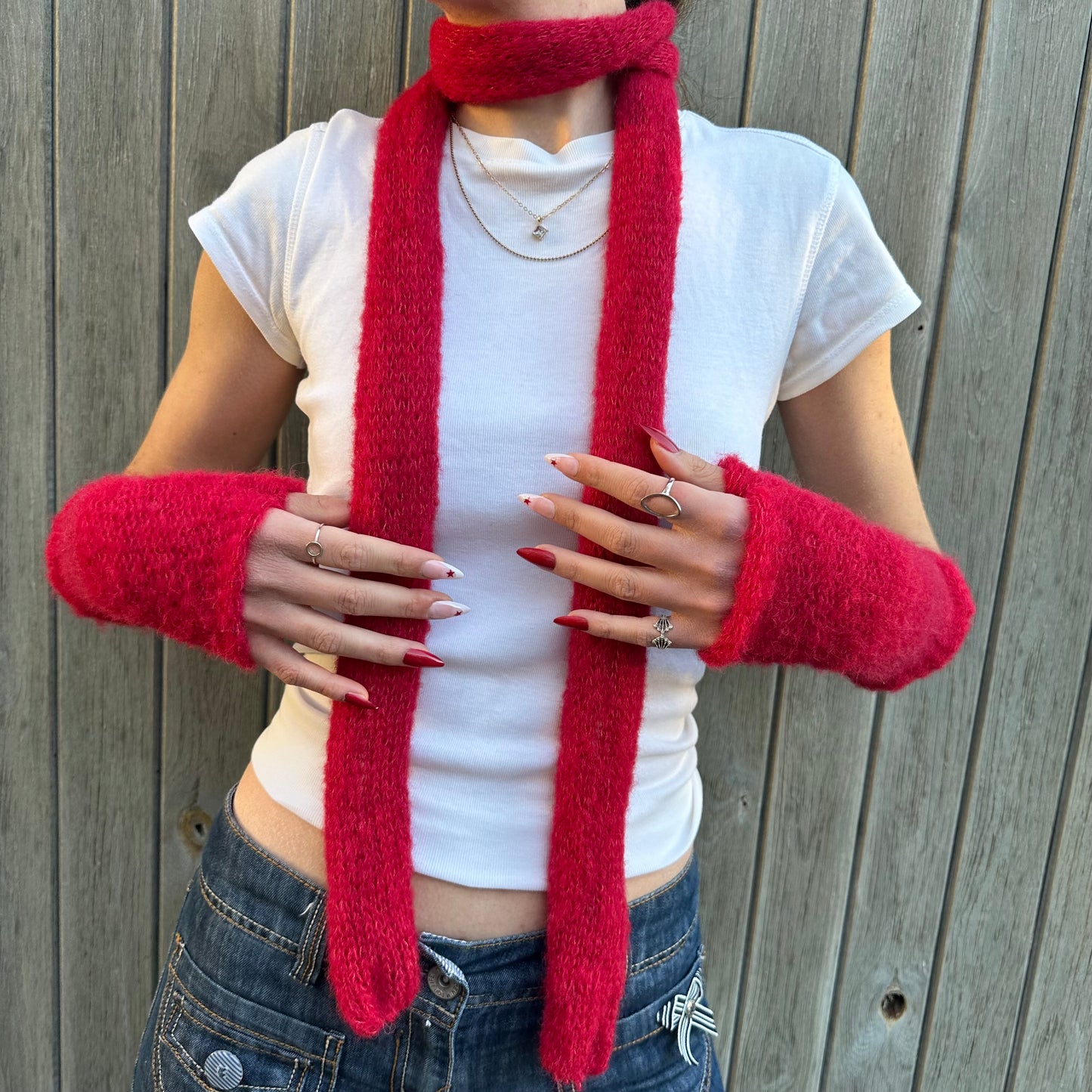 Handmade reversible knitted red mohair hand warmers