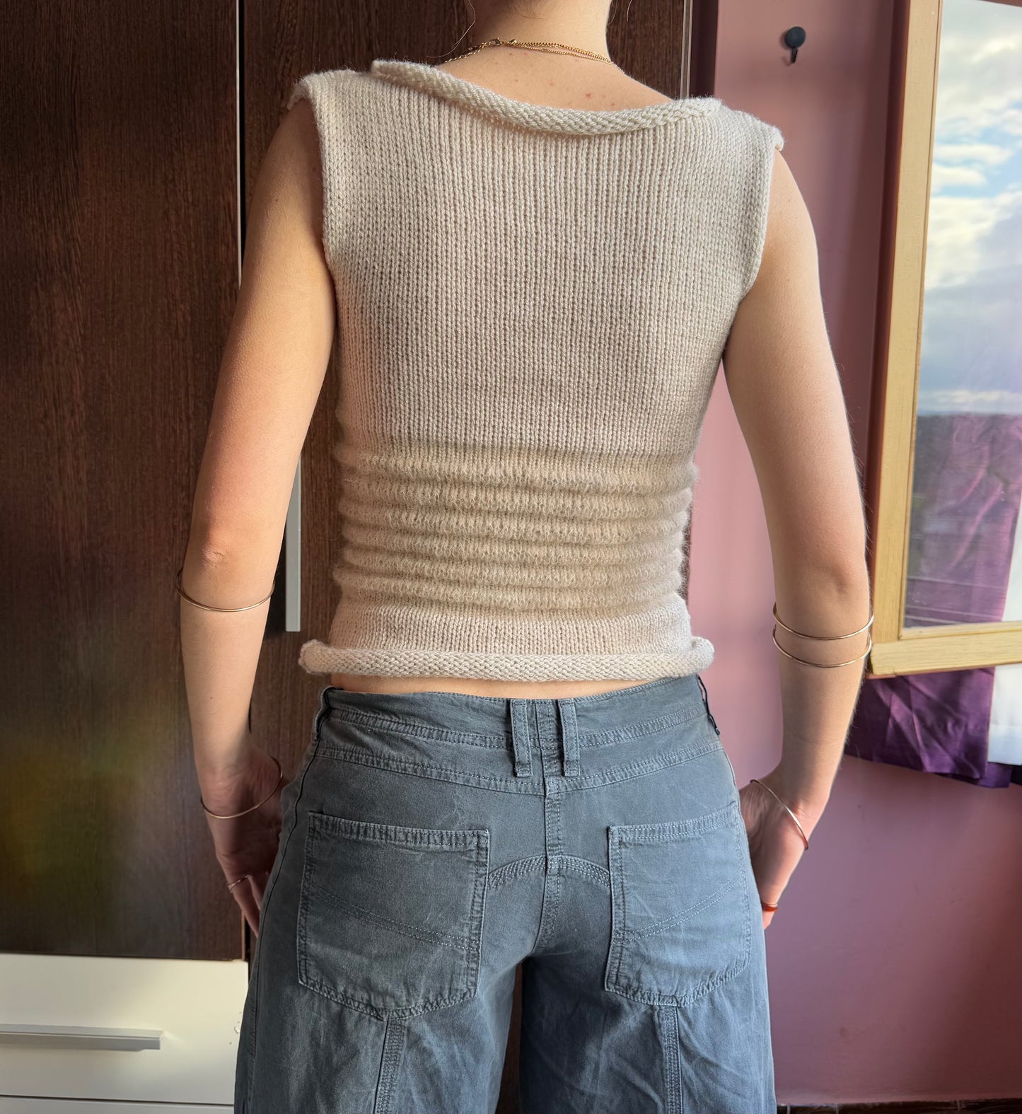 Handmade beige shirred knitted vest - mohair blend