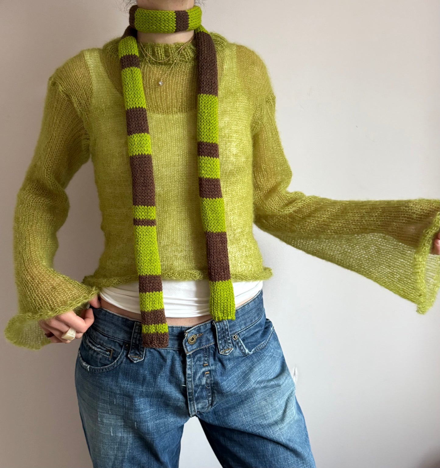 Handmade knitted striped skinny scarf in green and brown