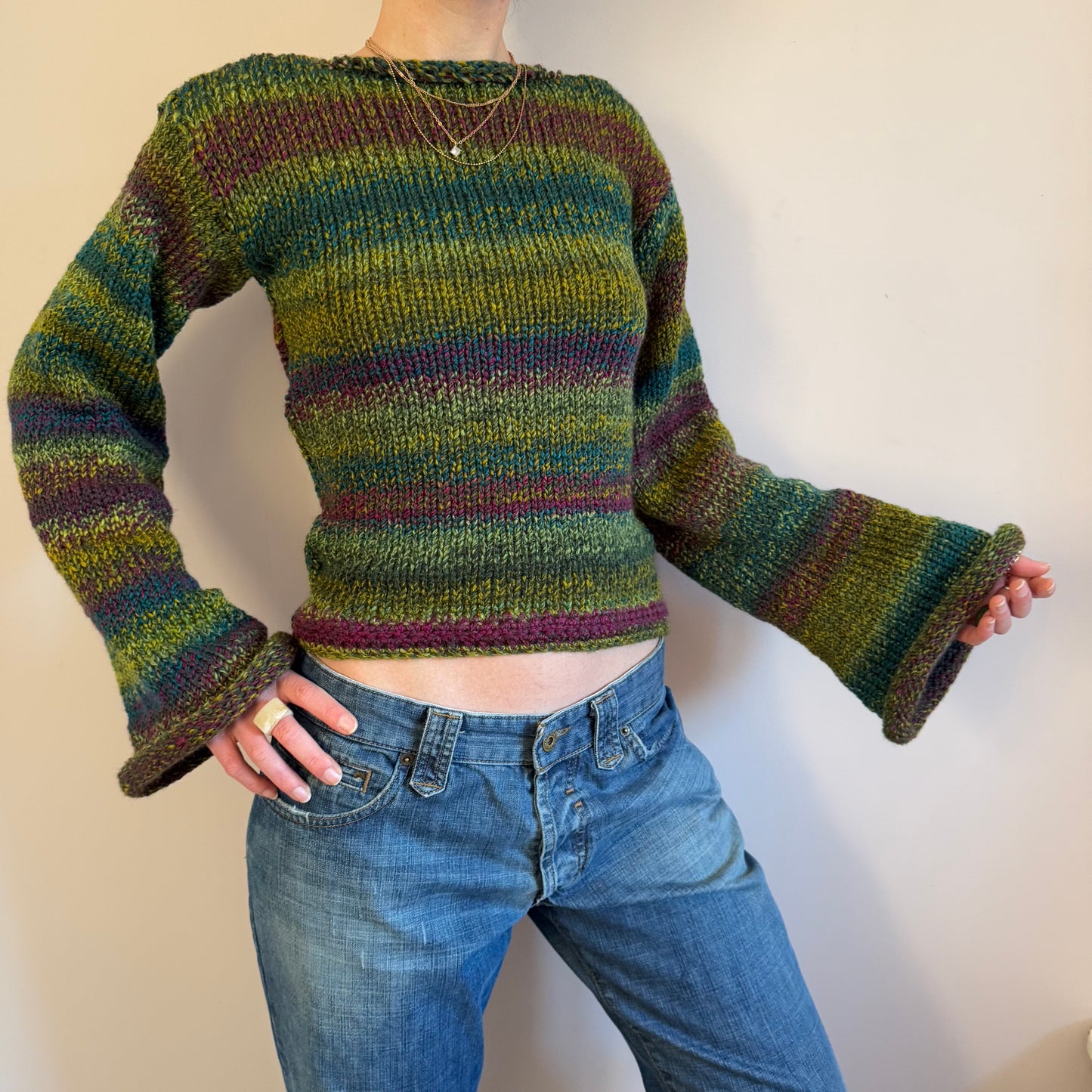 Handmade purple, green and teal ombré knitted jumper