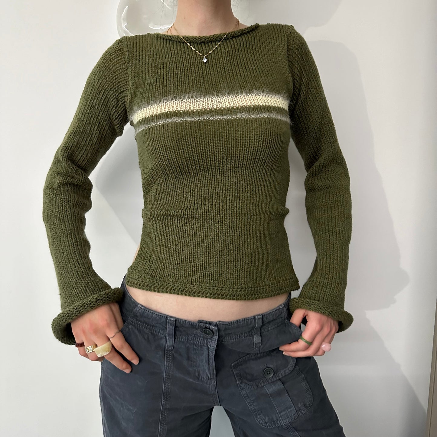 Handmade khaki green bow tie up knit jumper