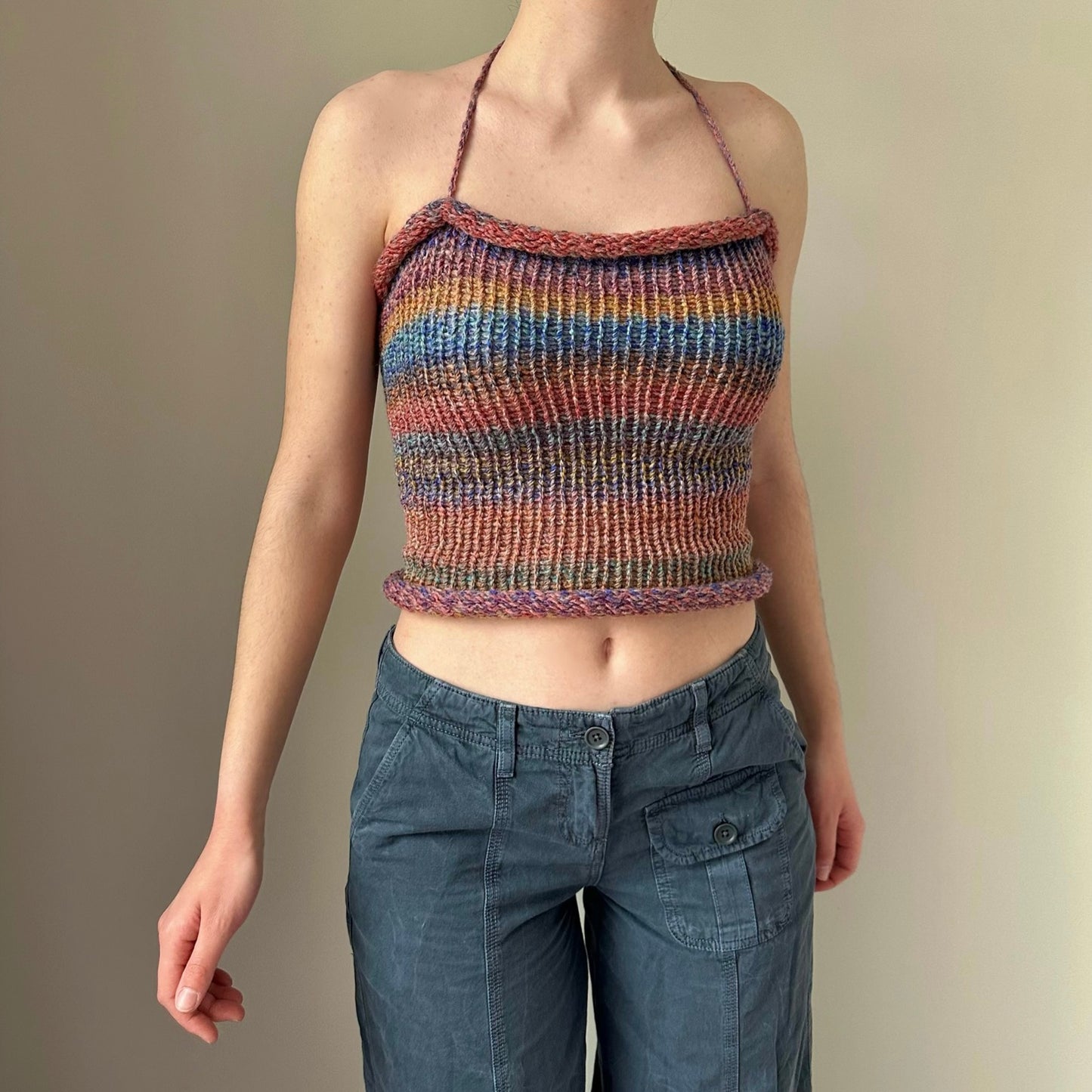 Handmade knitted halter top in orange, red, blue and purple