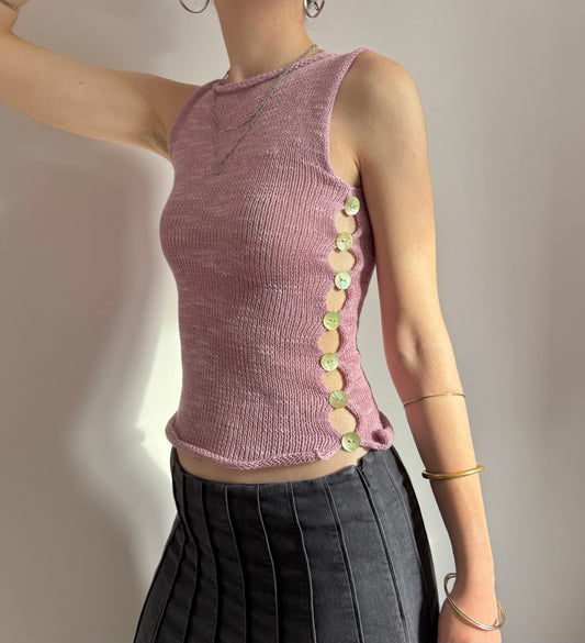 Handmade knitted Pearl Vest in lilac with green mother of pearl buttons - linen blend
