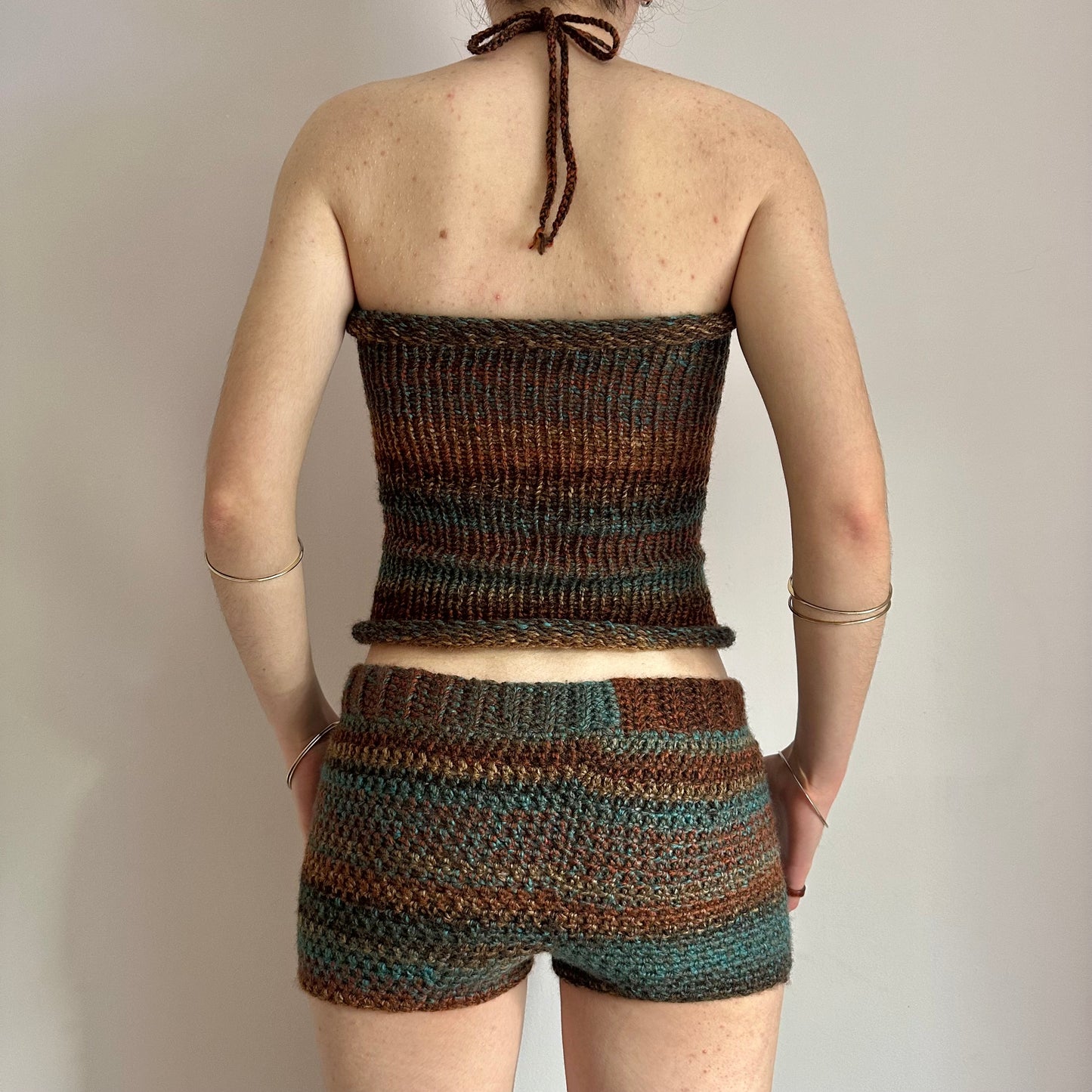 Handmade brown and blue ombré striped crochet shorts