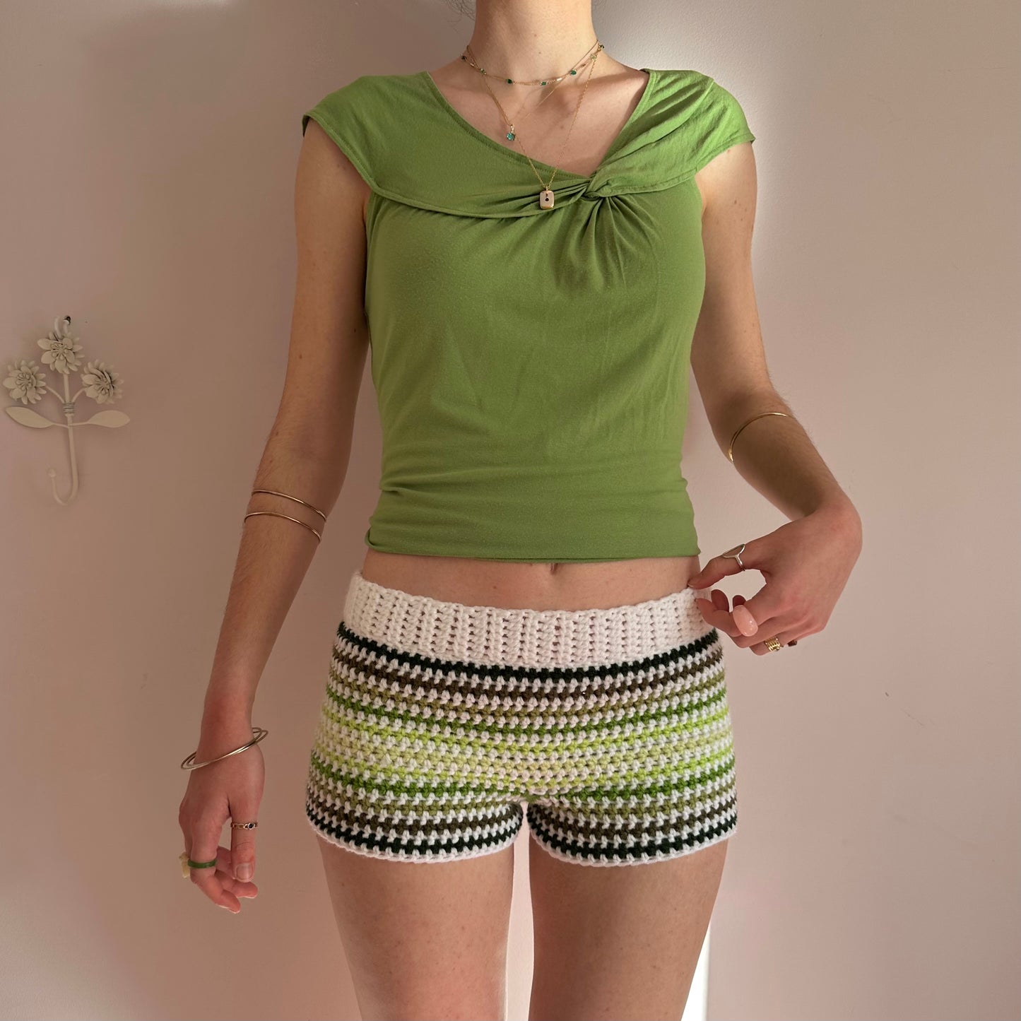 Handmade white and green ombré striped crochet shorts