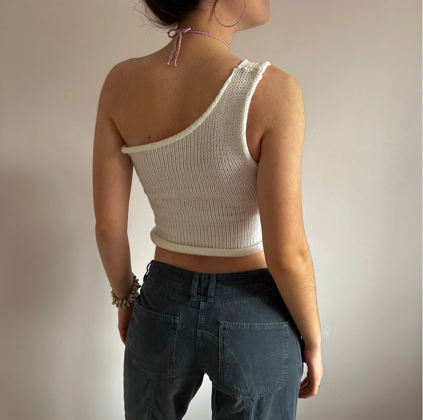 Handmade knitted white cotton asymmetrical one shoulder top