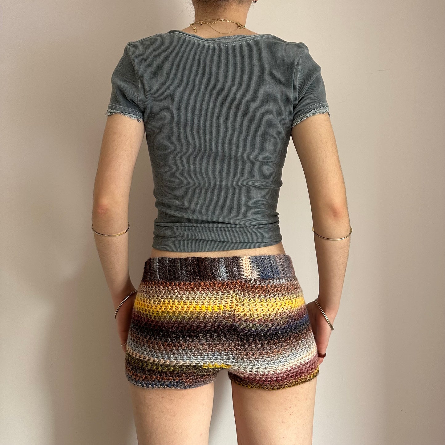 Handmade yellow, black, cream and burgundy ombré striped crochet shorts