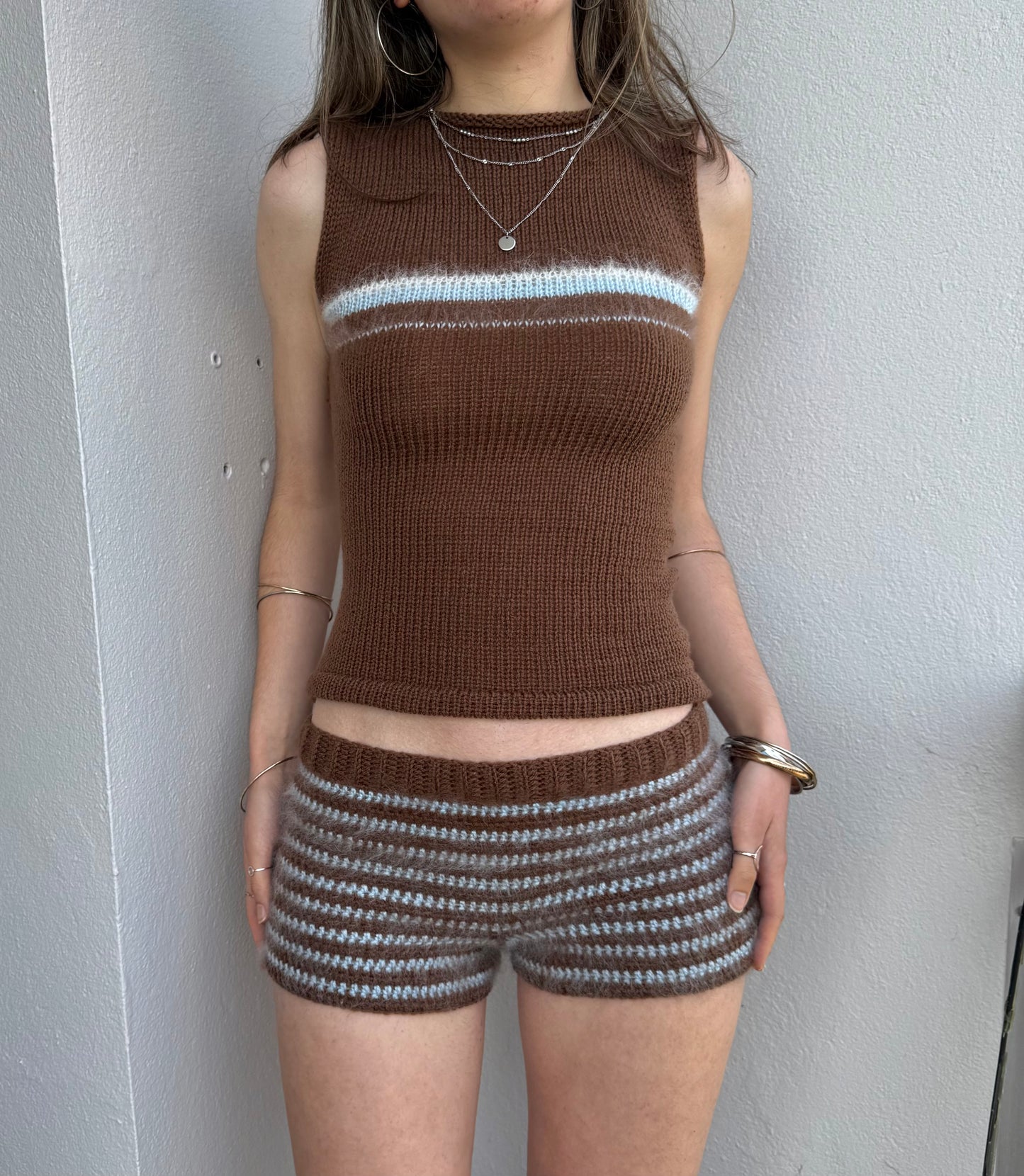 The Brown and Blue Set - matching mohair striped crochet shorts and knit vest top