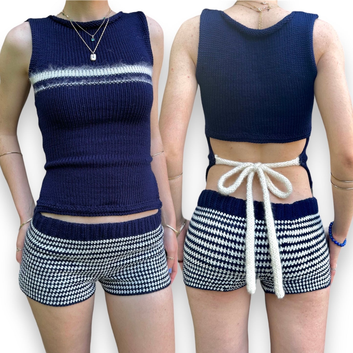 The Blueberry Shorts - navy blue and cream striped crochet shorts