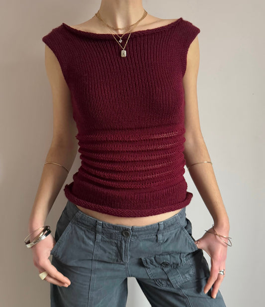 Handmade burgundy shirred knitted vest
