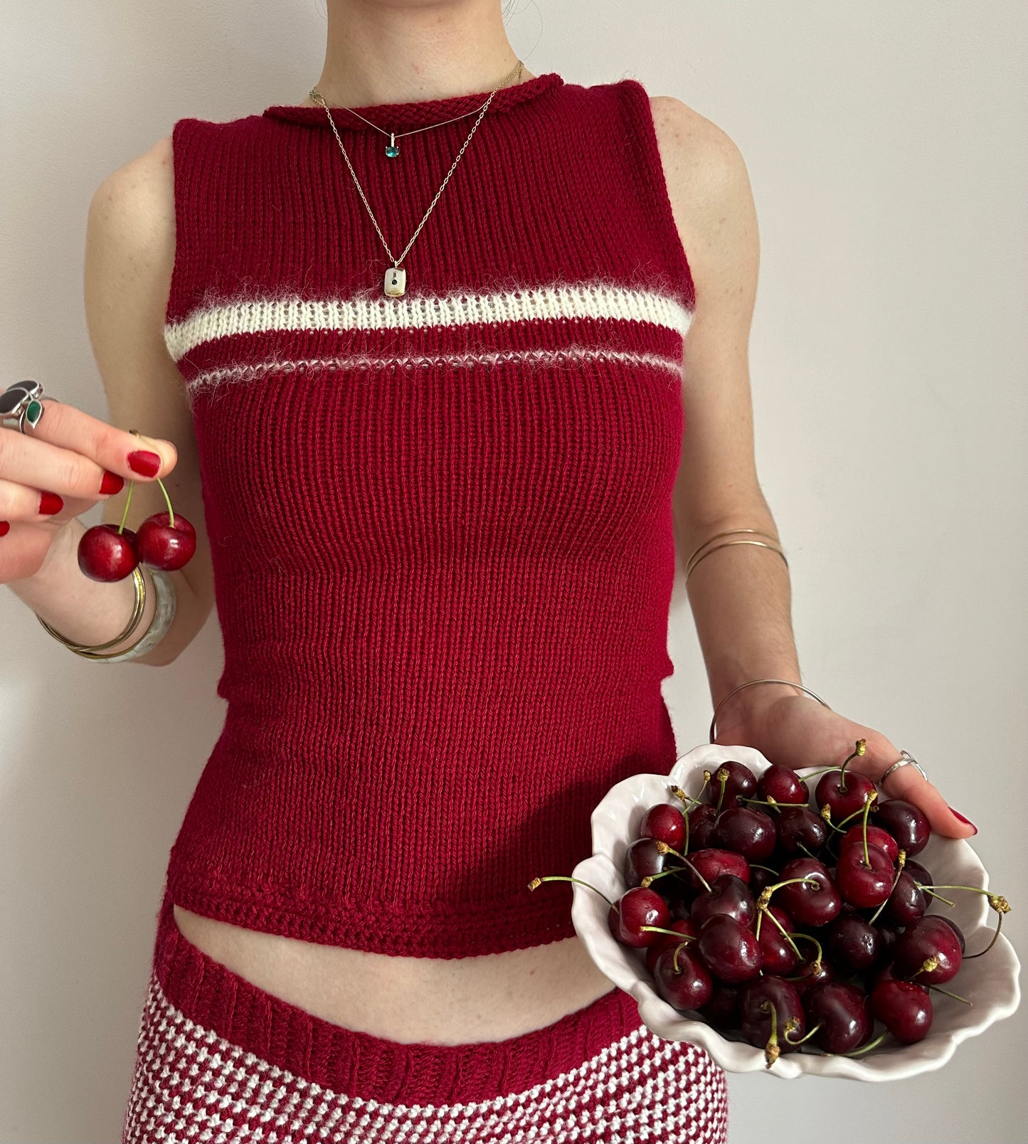 The Cherry Set - matching striped crochet shorts and bow tie up knit vest top