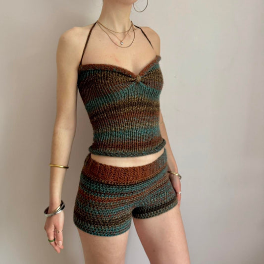Handmade brown and blue ombré striped crochet shorts