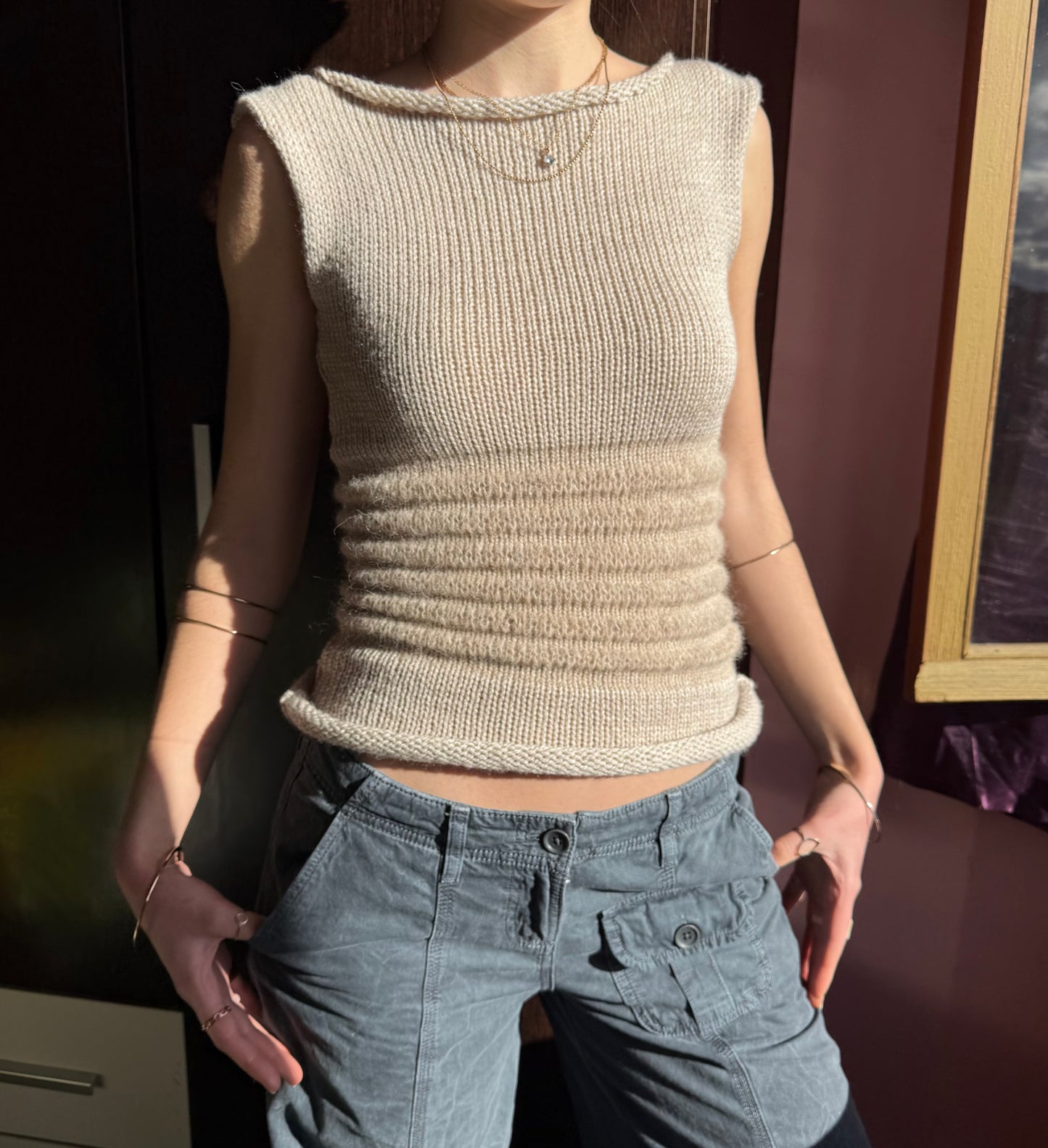 Handmade beige shirred knitted vest - mohair blend