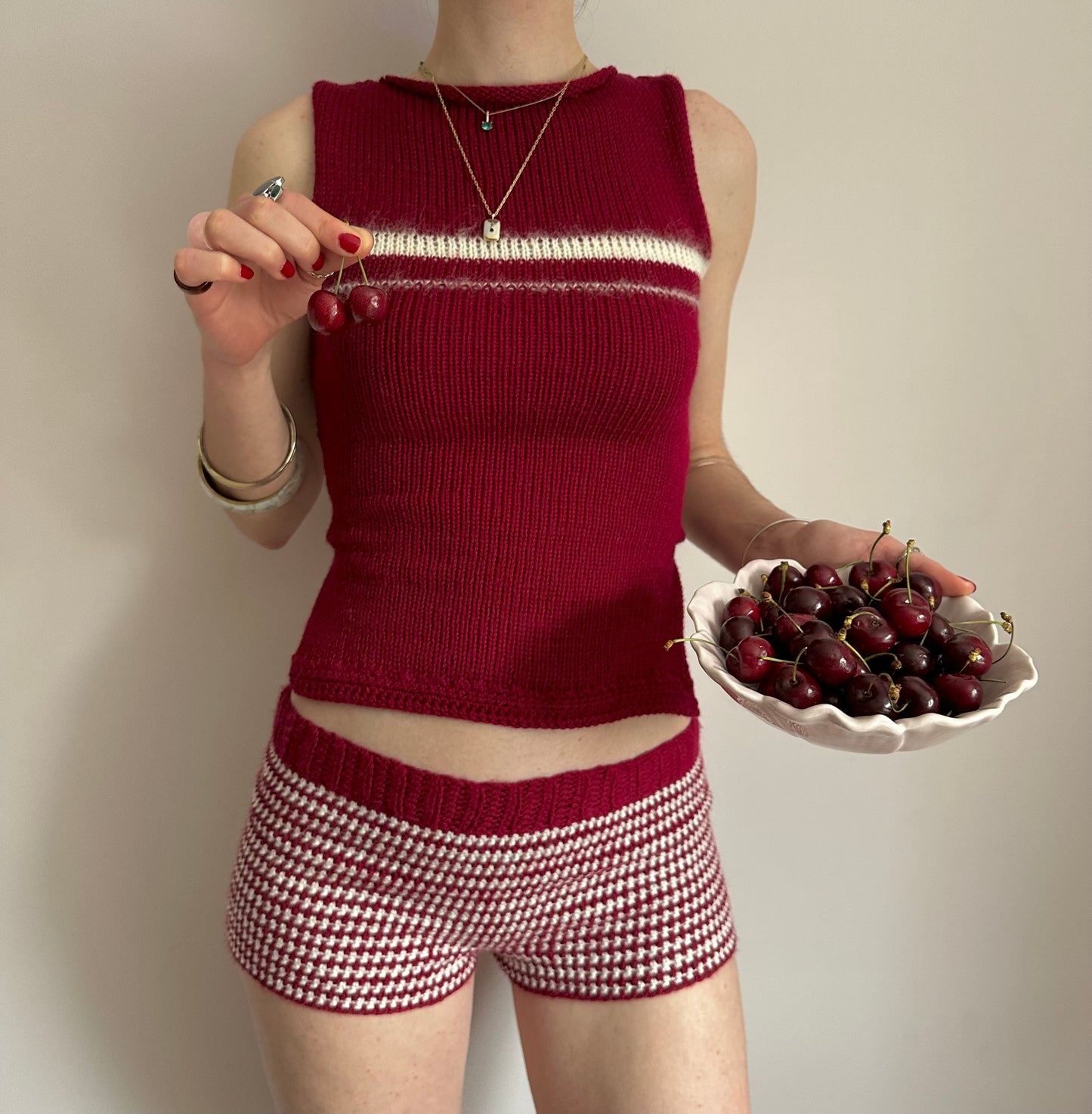 The Cherry Set - matching striped crochet shorts and bow tie up knit vest top