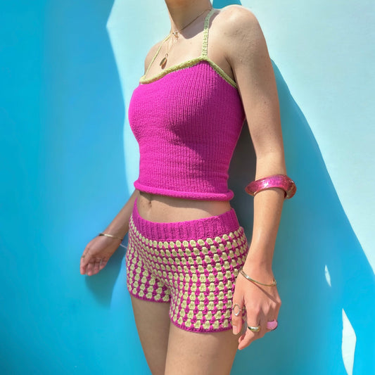 The Pink and Lime Set - matching crochet shorts and knit tank top