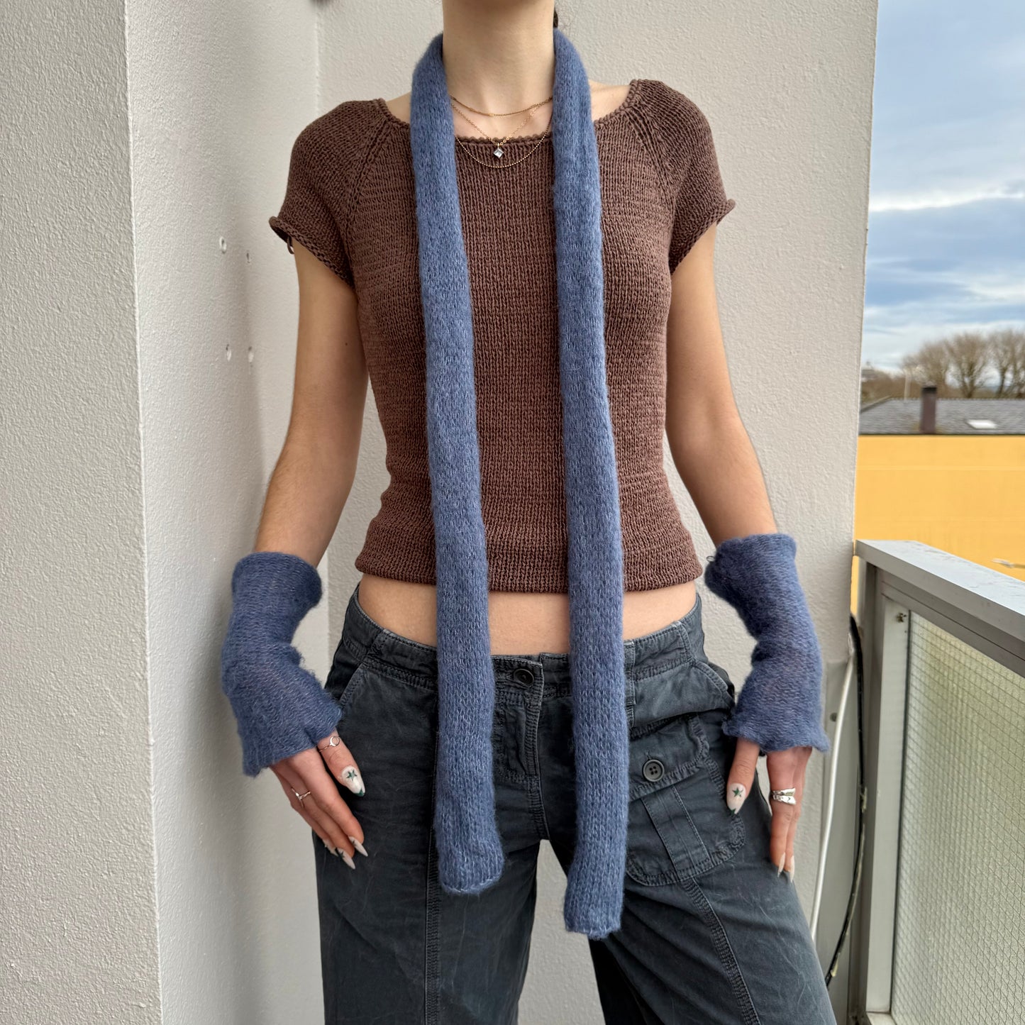 Handmade knitted mohair skinny scarf in denim blue