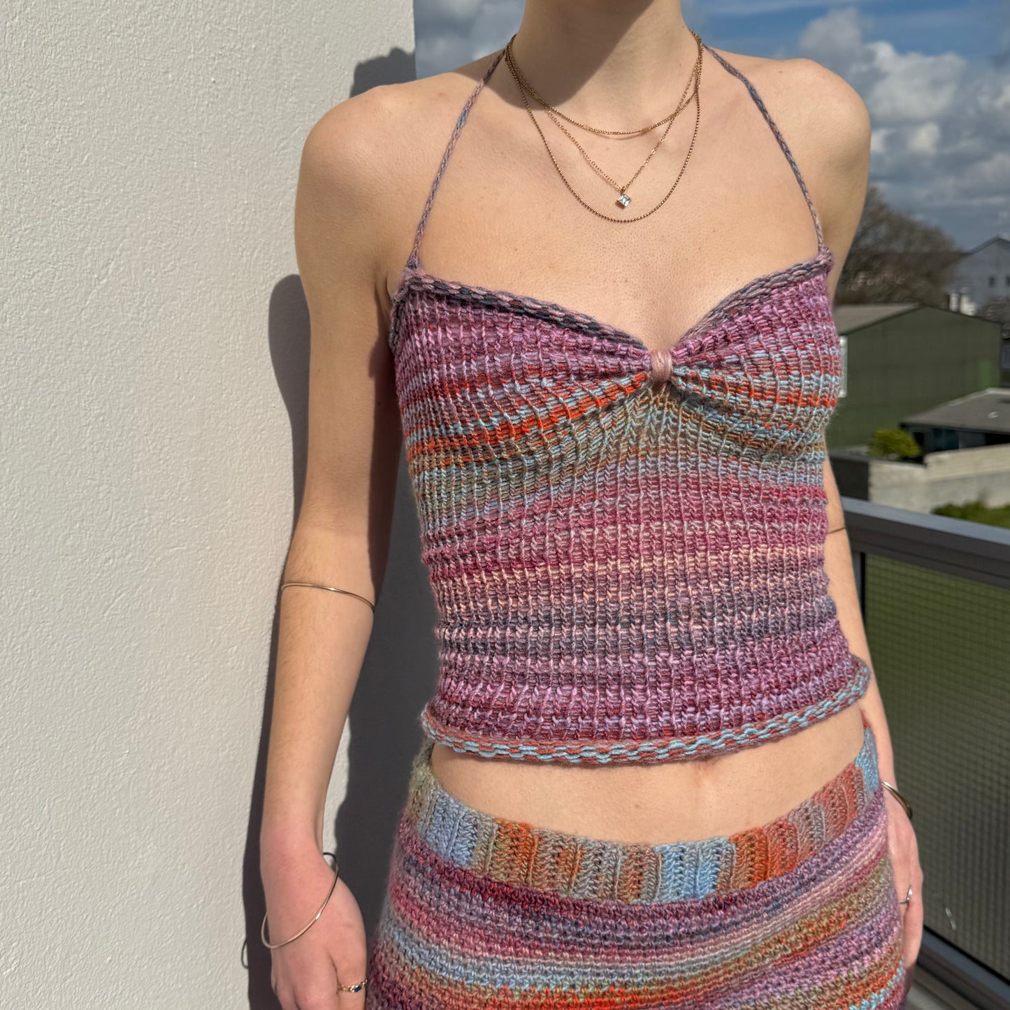 Handmade multicoloured ruched bust ombré knitted halter top