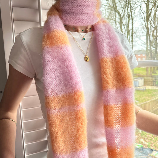 Handmade knitted baby pink and orange brushed mohair striped scarf