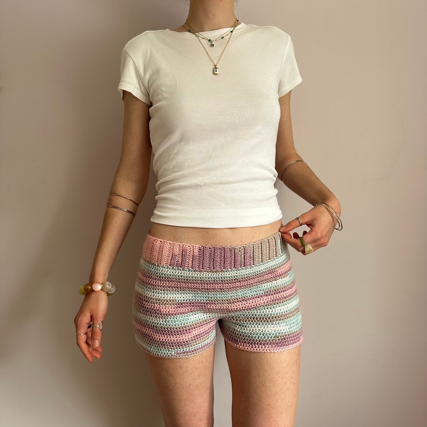 Handmade baby blue, pink, beige and white striped crochet shorts