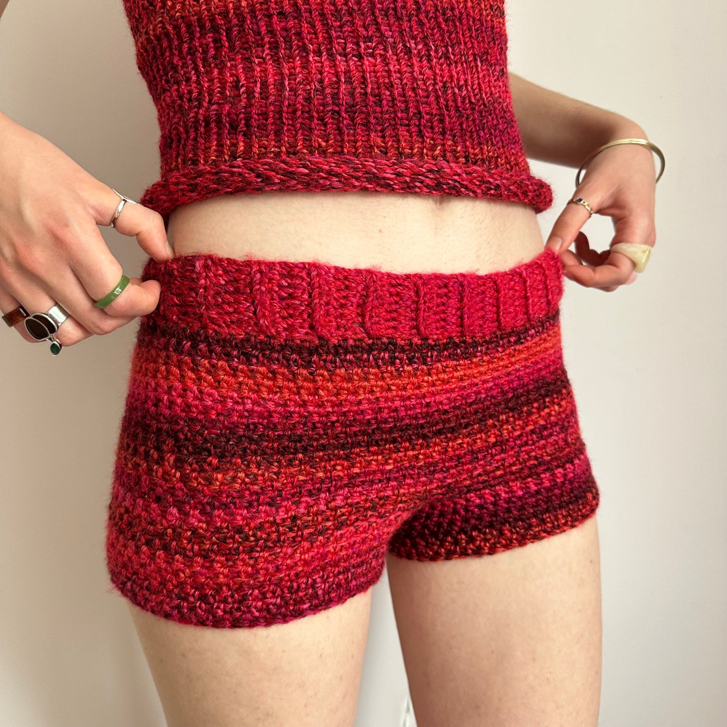 Handmade red ombré striped crochet shorts