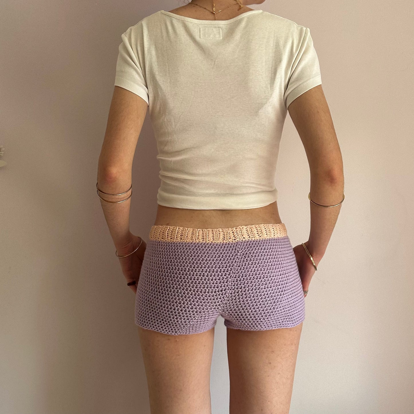 Handmade crochet shorts in lilac and peach with pocket