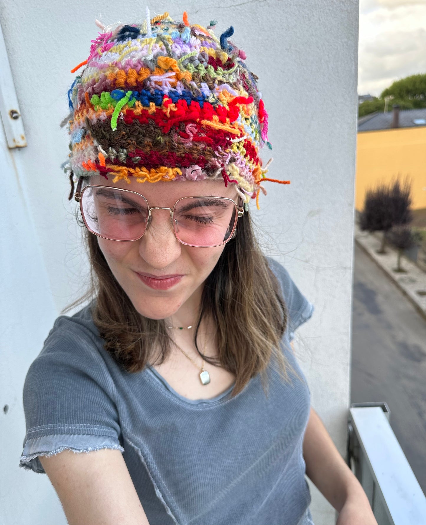 1 of 1 handmade crochet beanie hat made from leftover scraps of yarn