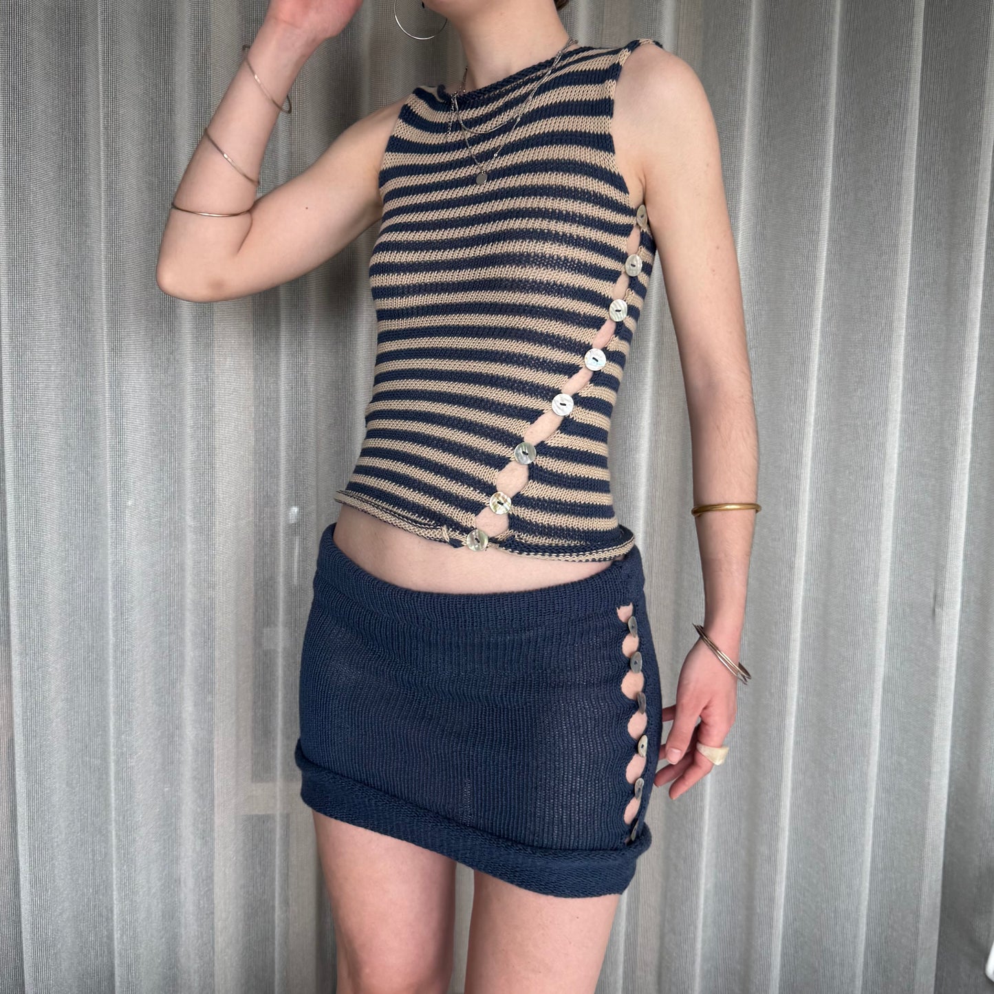 Handmade knitted Pearl Vest - navy blue and beige striped