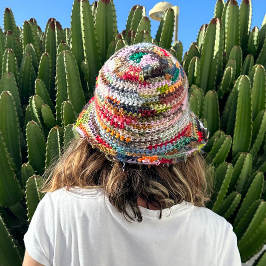 1 of 1 handmade crochet bucket hat made from leftover scraps of yarn