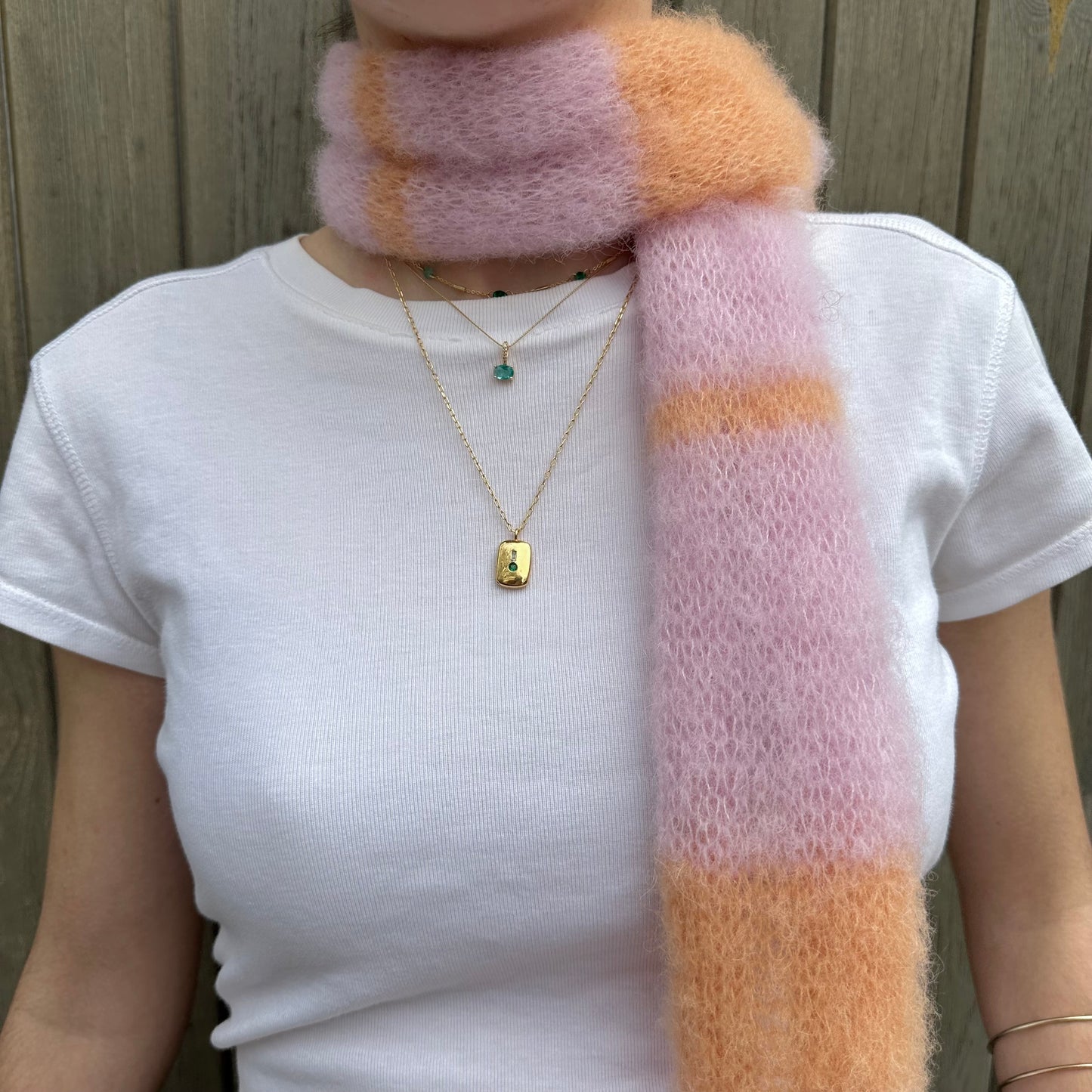 Handmade knitted baby pink and orange brushed mohair striped scarf